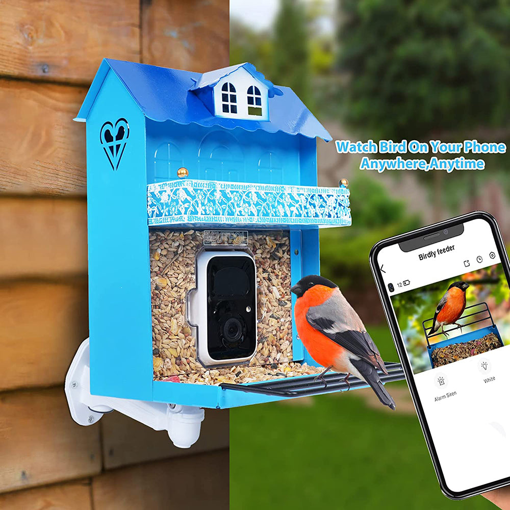 Smart camera for bird feedersBird feeders with HD cameraAutomatic bird video capture bird motion detectionWireless app notificationBird house camera32G free space for lifeIdeal gift for bird friend