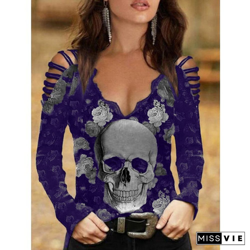 Fashion Women's V-neck Skull & Flower Print T-shirt Gothic Hollow Long Sleeve Tops Plus Size XS-5XL