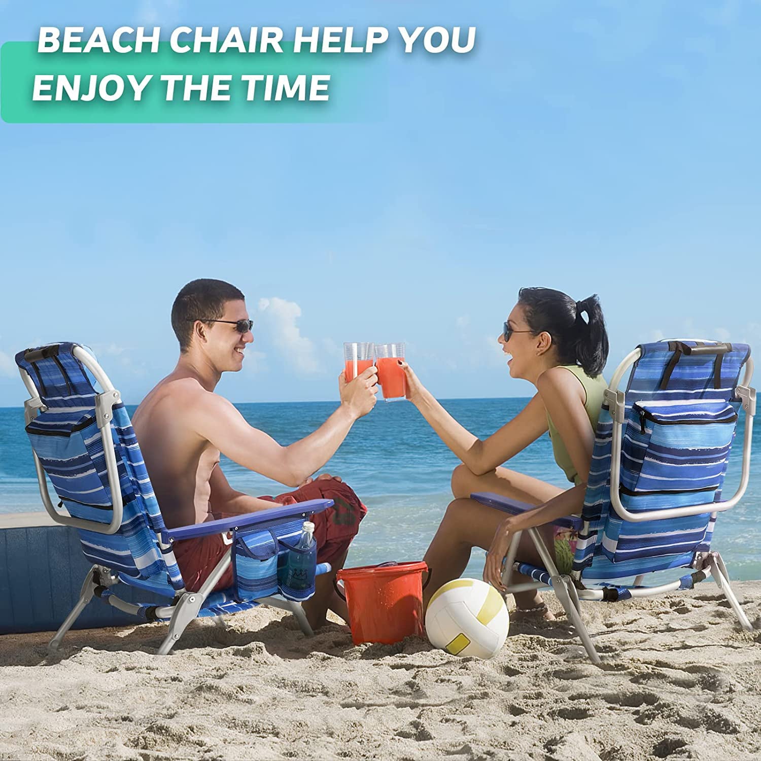 Waleaf Heavy Duty Folding Tall Backpack Beach Chair，High Back Beach Chairs for Adults，5-Position Lay Flat Beach Chairs with Headrest， Towel Bar， Cooler Bag， Storage Bag， Cup Holder and Phone Holder