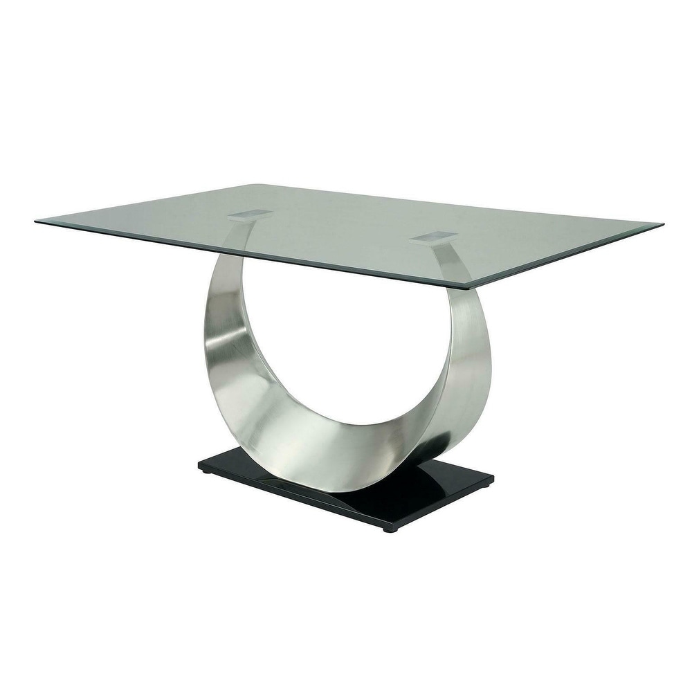 Metal and Glass Dining Table with Unique U Shape Pedestal Base  Chrome and Black