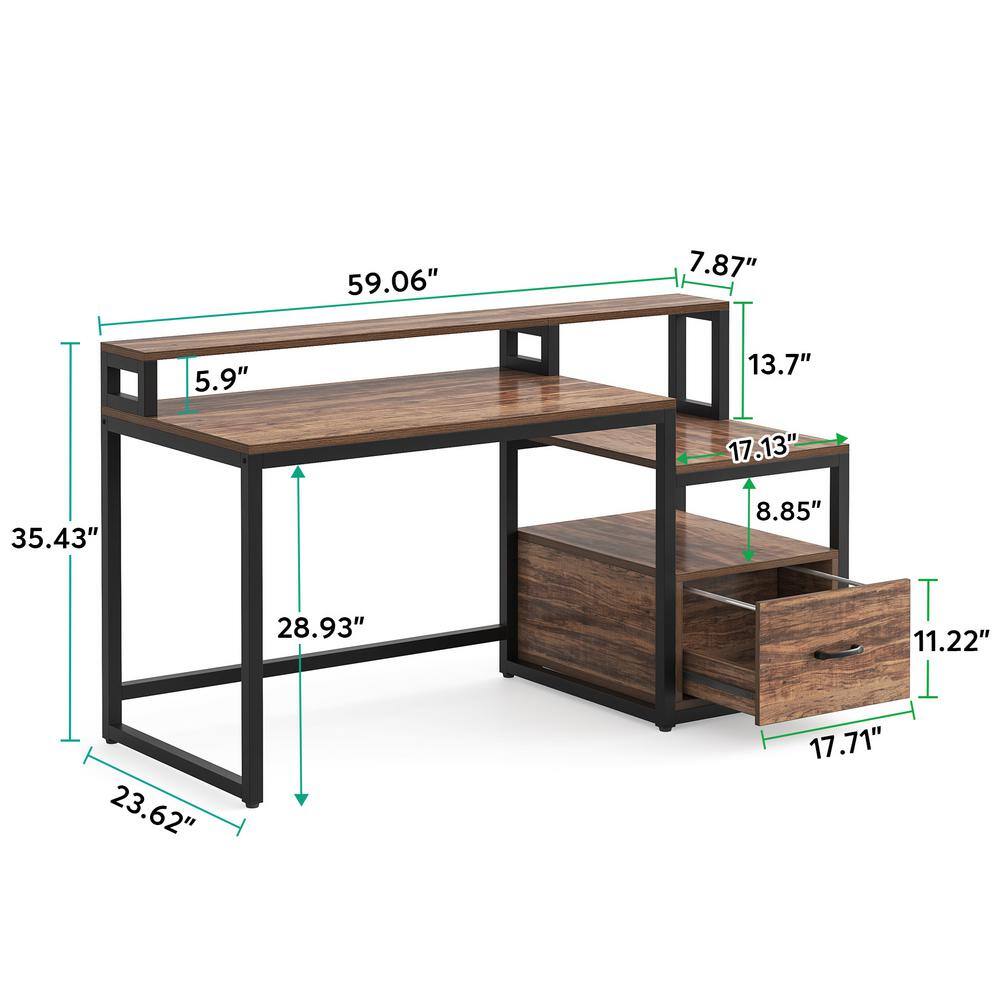 TRIBESIGNS WAY TO ORIGIN Halseey 59 in. Rectangular Brown Particle Board One Drawer Reversible Computer Desk with Monitor Stand and Storage Shelf TH-AL1573