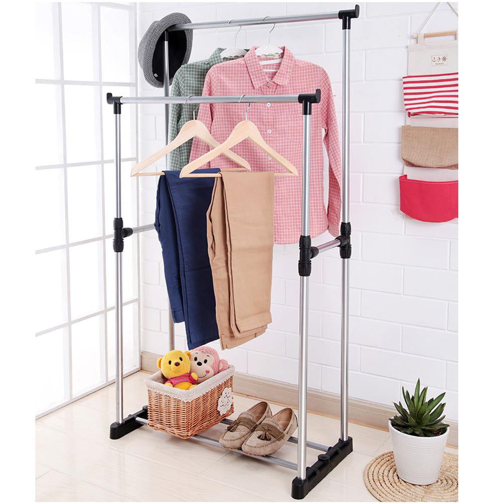 Ktaxon Double Heavy Duty Rail Portable Clothes Hanger Rolling Garment Rack Adjustable