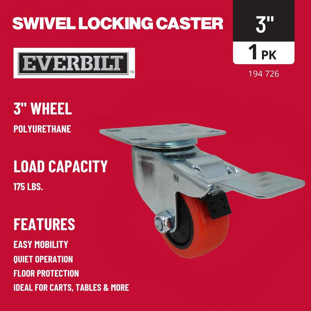 Everbilt 3 in. Red Polyurethane and Steel Swivel Plate Caster with Locking Brake and 175 lb. Load Rating 4120545EB