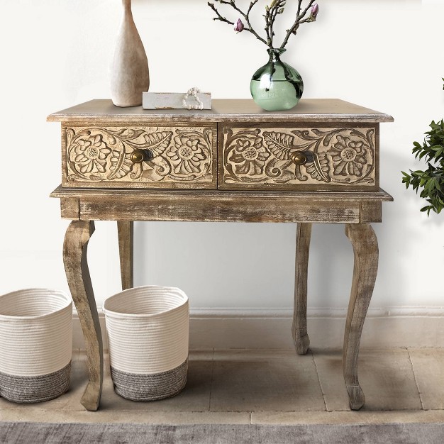 2 Drawer Mango Wood Console Table With Floral Carved Front Brown white The Urban Port