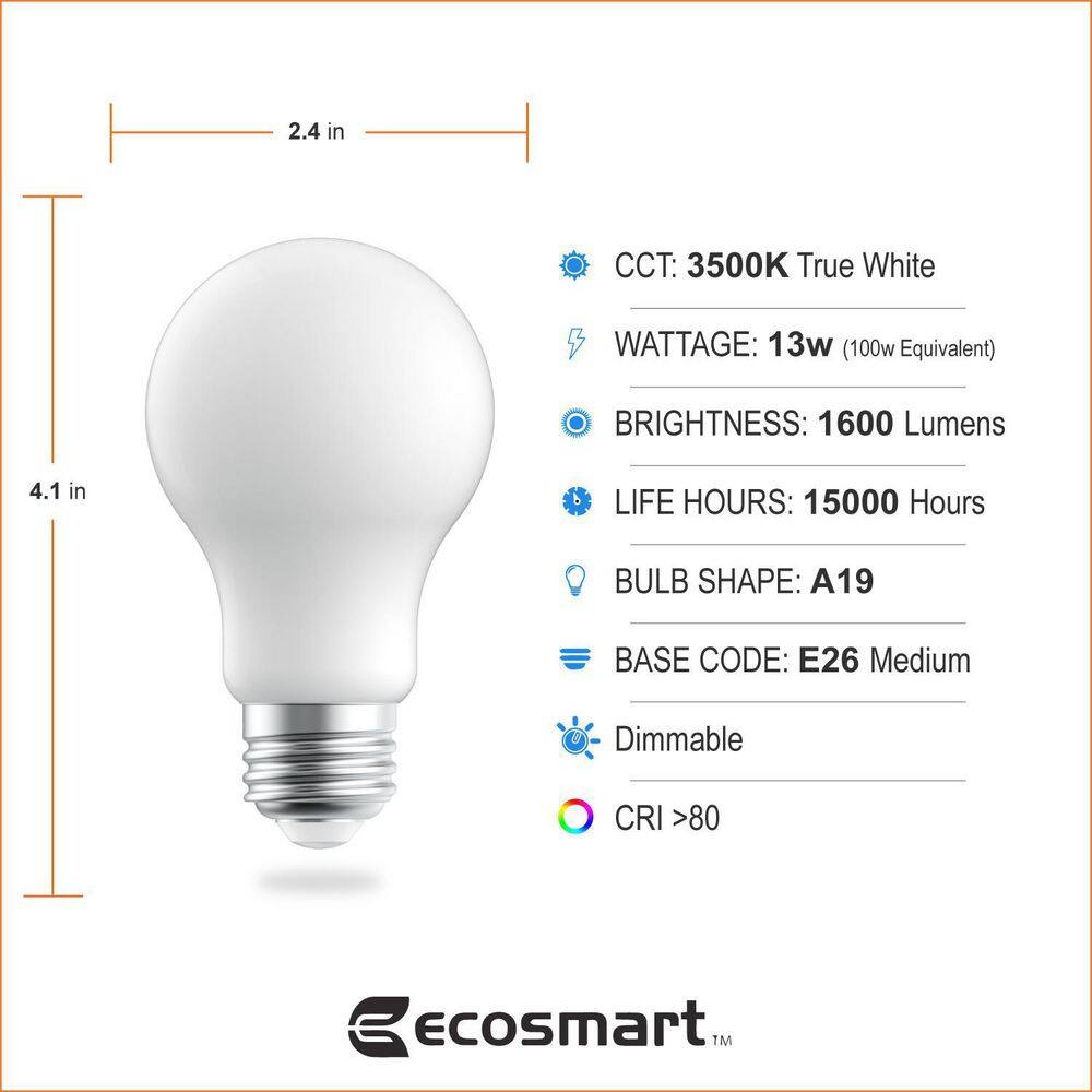 EcoSmart 100-Watt Equivalent A19 Frosted Glass Energy Star Dimmable E26 Base LED Light Bulb True White (4-Pack) FG-04312