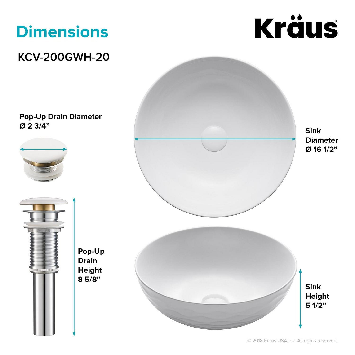 KRAUS Viva Round White Porcelain Ceramic Vessel Bathroom Sink with Pop-Up Drain， 16 1/2 in. D x 5 1/2 in. H