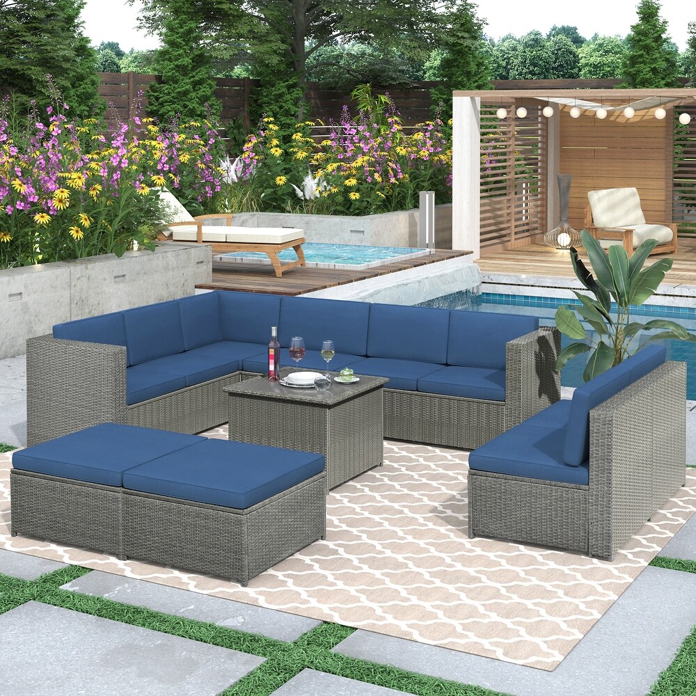 9 Piece Rattan Sectional Seating Group with Cushions and Ottoman