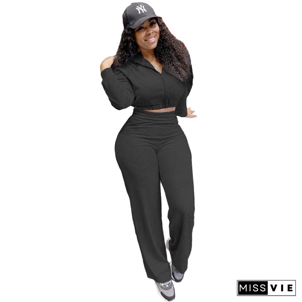 Solid Color Hooded Crop Top Wide Leg Pants Tracksuit