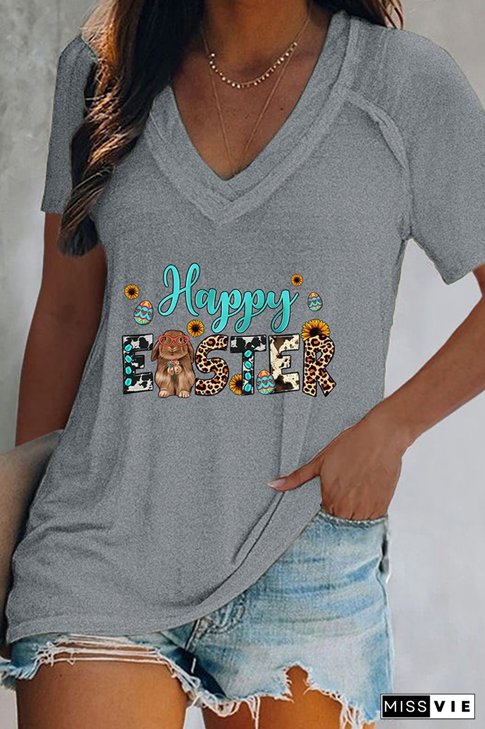 Happy Easter V Neck Graphic Tee