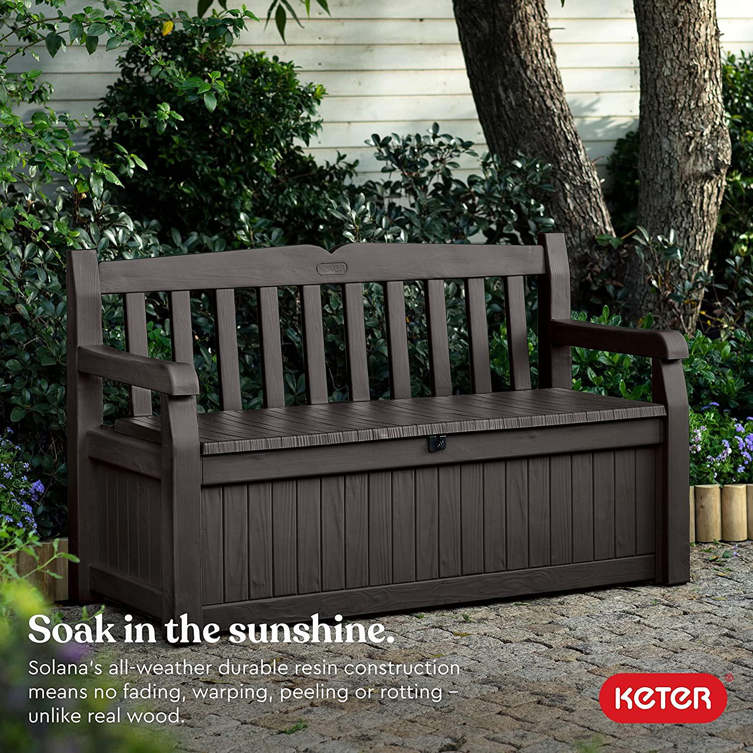 Keter Solana 70 Gallon Storage Bench Deck Box for Patio Furniture, Front Porch Decor and Outdoor Seating Perfect to Store Garden Tools and Pool Toys,Brown/Brown