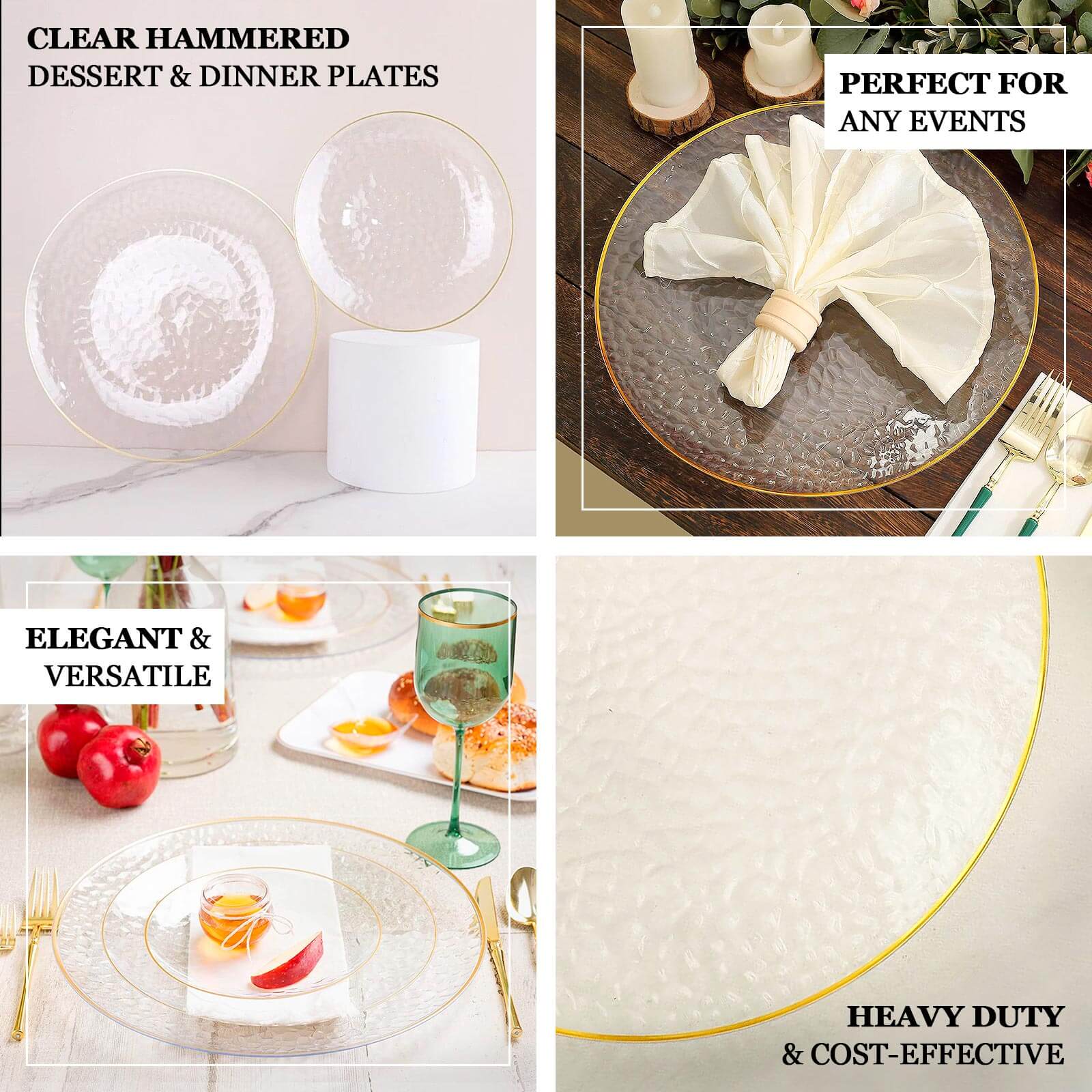 6 Pack Clear Hammered Economy Plastic Charger Plates With Gold Rim, Round Dinner Chargers Event Tabletop Decor - 13