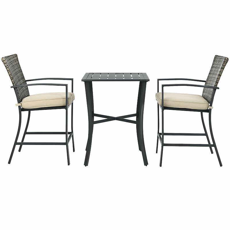 3 Pieces Patio Rattan Bar Furniture Set with Slat Table and 2 Cushioned Stools-Grey