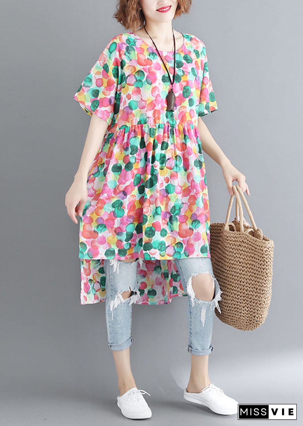 French O-Neck Cinched Dot Print low high design Dress Short Sleeve