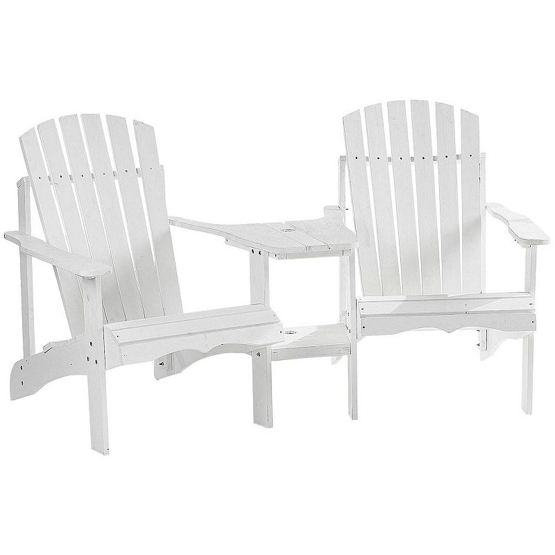 Outsunny Set of 2 Wooden Adirondack Chairs， Outdoor Double Seat with Center Table and Umbrella Hole for Patio， Backyard， Deck， Fire Pit， White