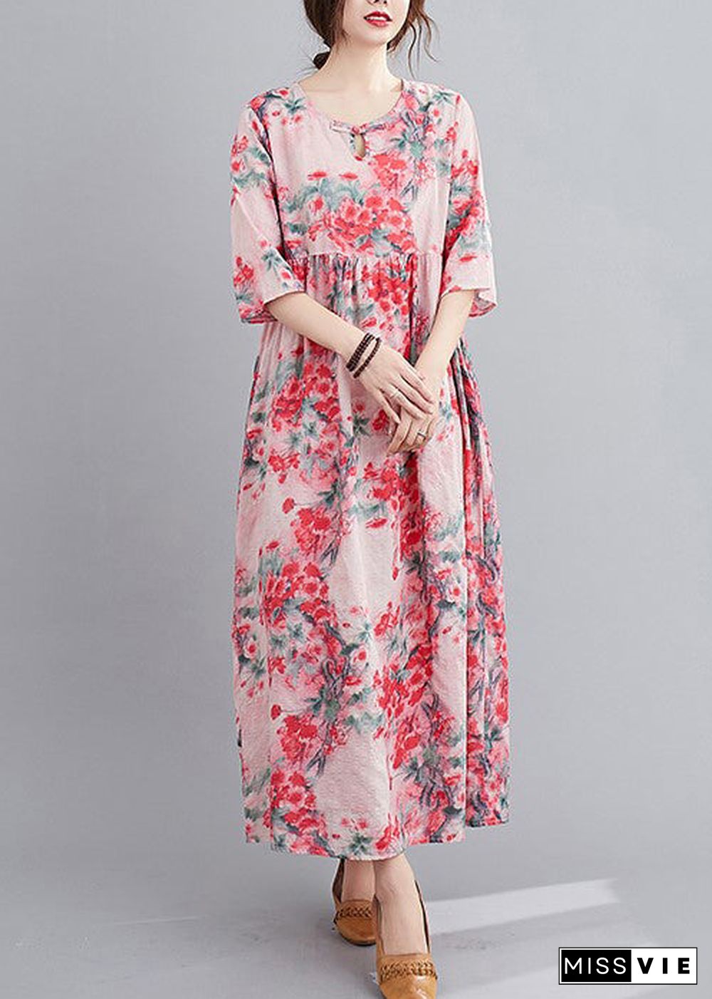 Original Design Red O-Neck Print Linen Loose Dress Half Sleeve