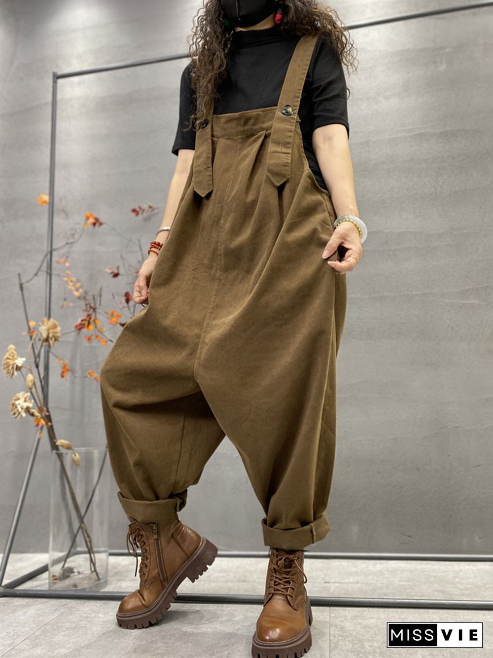 Plus Size Autumn Women Casual Solid Color Loose Jumpsuits