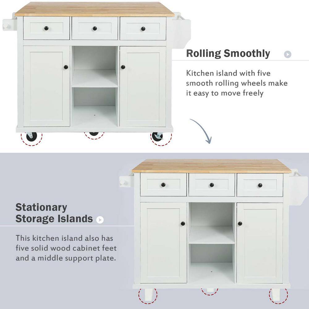 White Wood 53 in. W Kitchen Island Cart with Drop Leaf 2-Storage Cabinets 3-Drawers and Storage Rack LN0207MI-CART-1