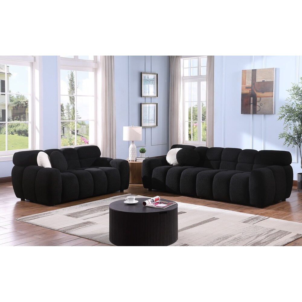 2pc Marshmallow Sofa Sets with Pillows  2+3 Seater Black Boucle Upholstered Deep Seat Straight Row Couch for Living Room