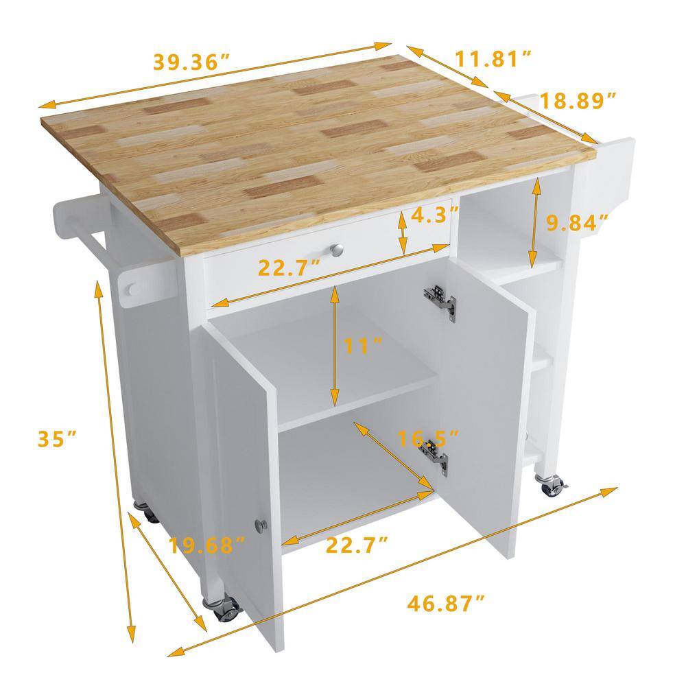 Whatseaso White Wood 39.37 in. W Kitchen Island with Double Doors Lockable-Wheels and Towel Rack FEB23081002KI