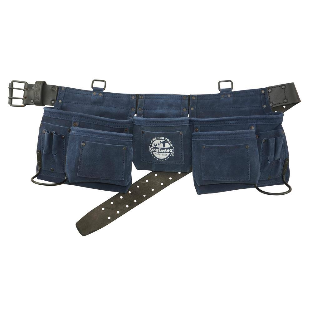 Graintex 11-Pocket Suede Leather Tool Apron in Navy Blue with 2 Hammer Holders and Suspender Hooks DS2340