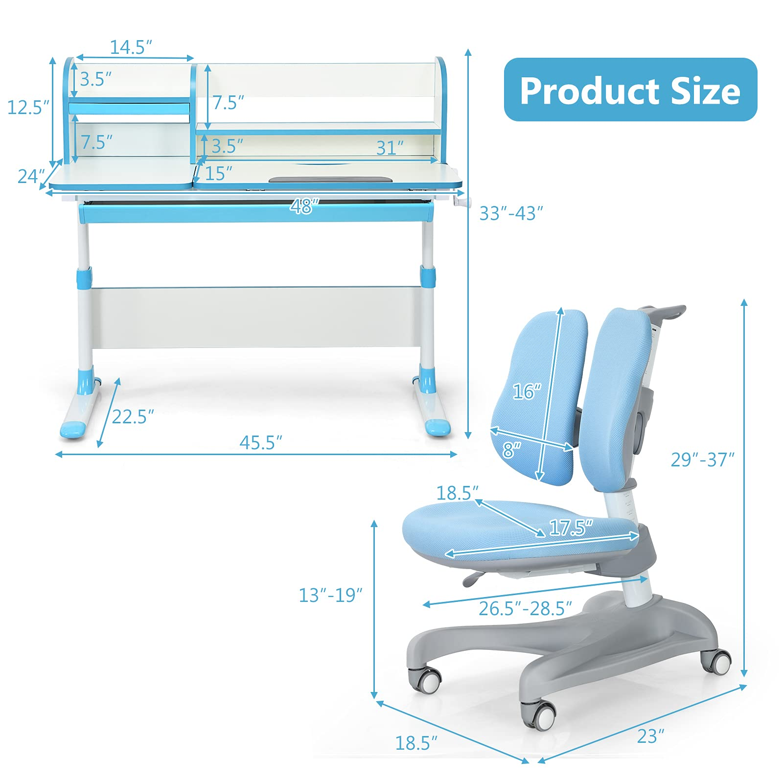 Costzon Kids Desk and Chair Set, Height Adjustable Study Desk w/Drawer,Ergonomic Student Chair w/Sit-Brake Casters for School