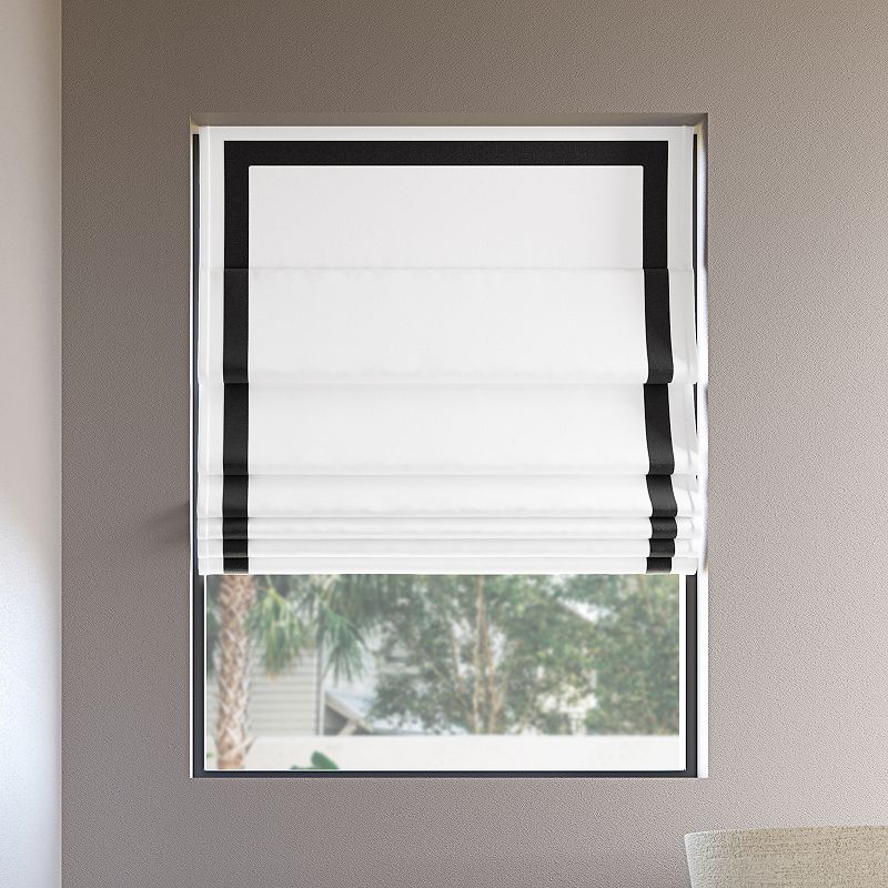 Sun Zero Olander Black Ribbon Border 100% Blackout Cordless Roman Shade