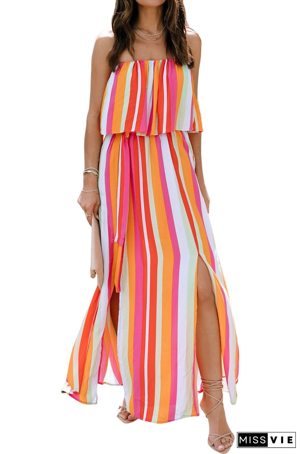 Stripe Overlay Strapless Maxi Dress with Slits