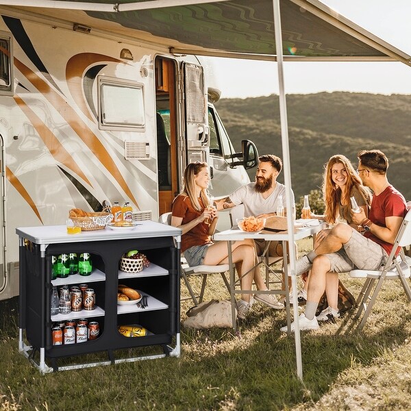 Portable Camping Kitchen Table with Storage Shelves