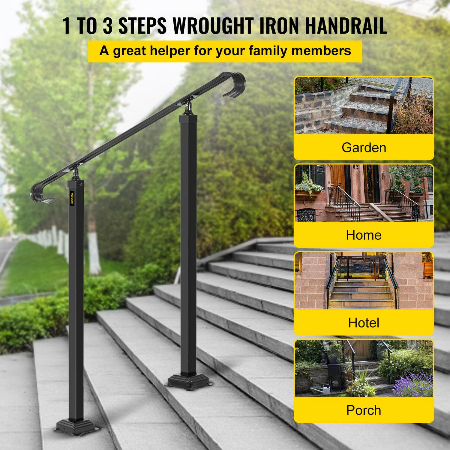 VEVORbrand Handrail for Stairs Fit 1 or 2 Steps Wrought Iron Handrail，Outdoor Stair Railing， Height Adjustable Front Porch Hand Rail， Black