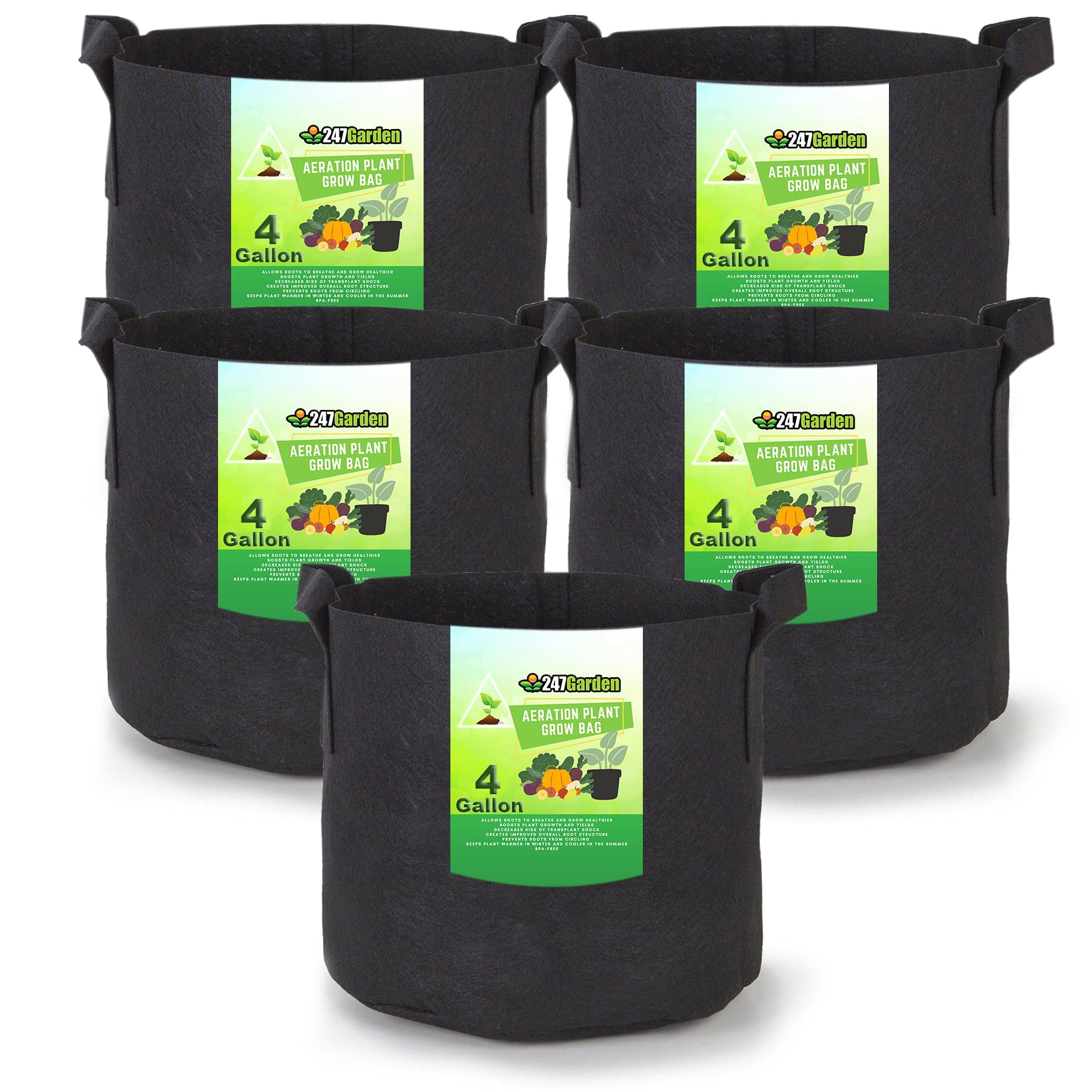 24/7 Garden 4-Gallon Grow Bags / Fabric Pots / Flower Planters (Black) (5-Pack)