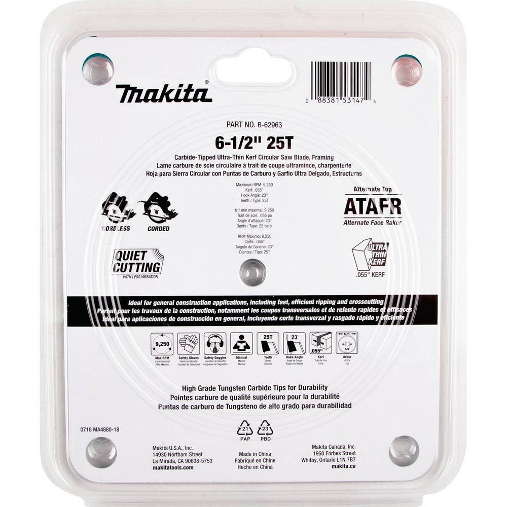 Makita 6-12 in. 25T Carbide-Tipped Max Efficiency Ultra-Thin Kerf Circular Saw Blade Framing B-62963