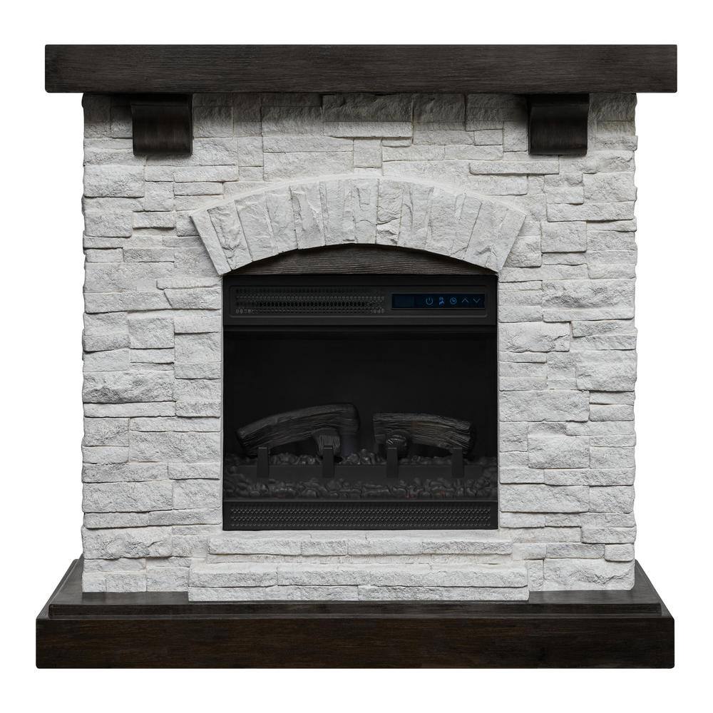 StyleWell Pembroke 40 in. W Freestanding Faux Stone Infrared Wall Mantel Electric Fireplace in White 150878