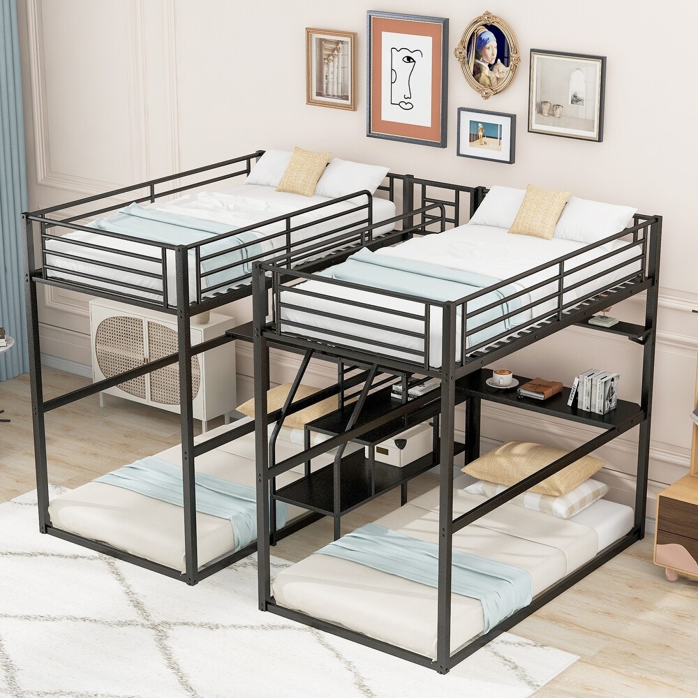 Black Metal Double Twin over Twin Bunk Bed with Two Desks  Shelves  and Storage Staircase  Space Saving  Large Storage