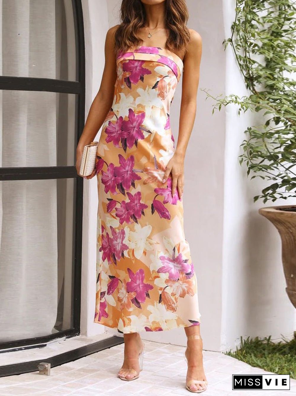 Women'S Dresses Floral Print Bandeau Slim-Fit Maxi Dress