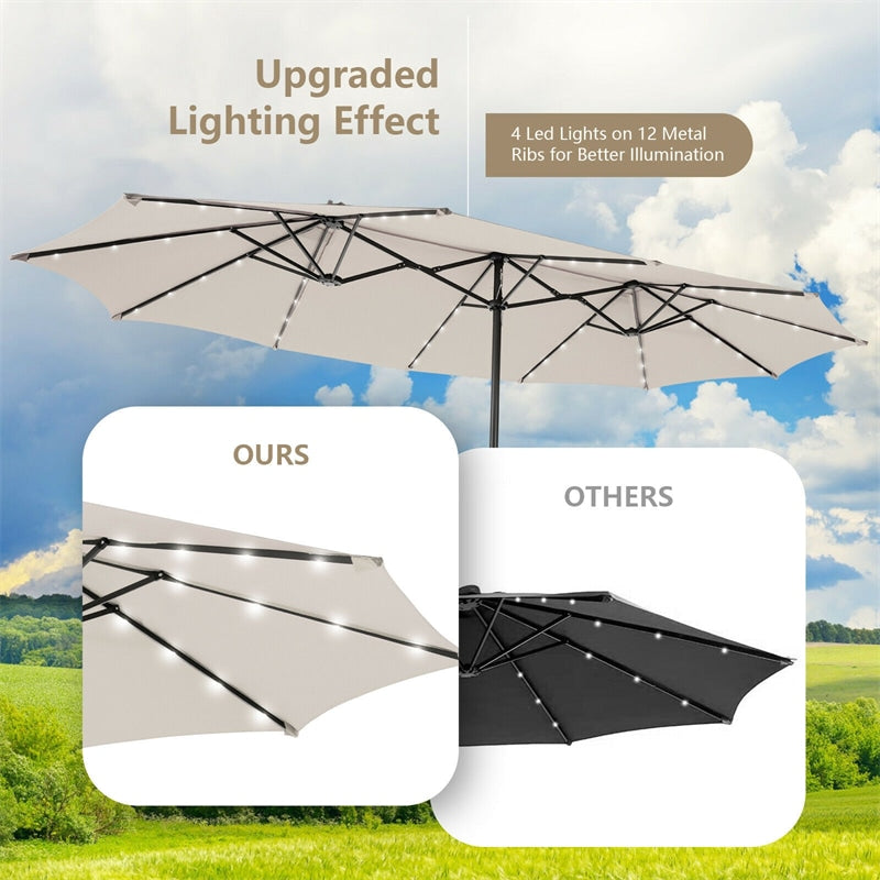 15 FT Large Outdoor Patio Table Umbrella with 48 Solar LED Lights & Crank, Double-Sided Metal Deck Pool Umbrella