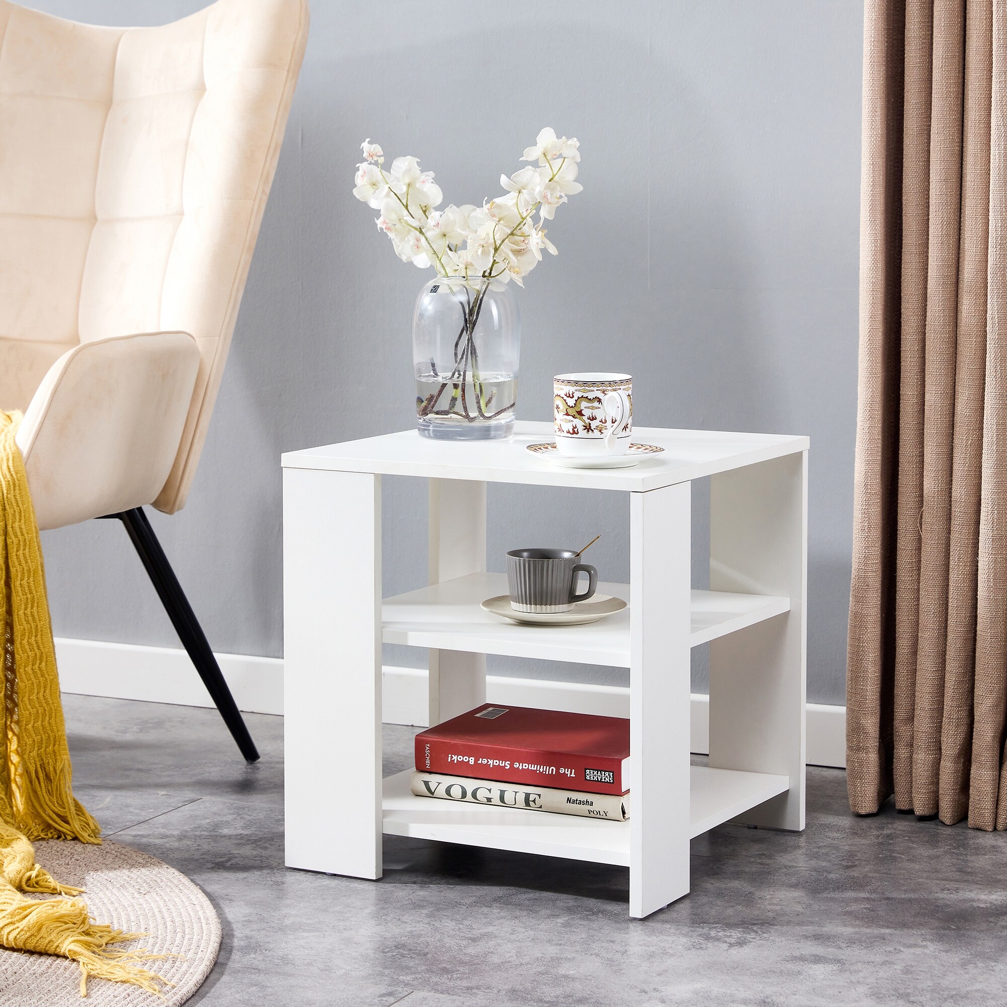 Square wooden Side Table，3-tier End Table