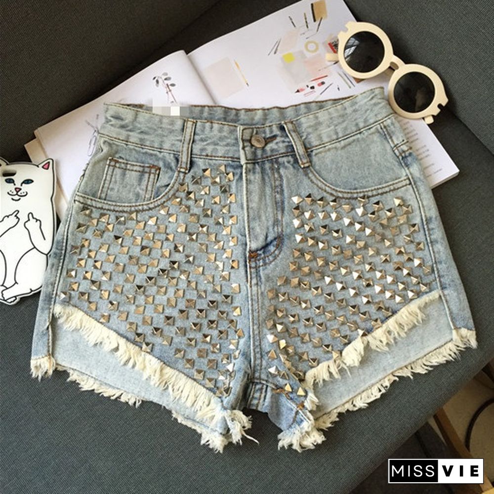 Women's Fashion Brand Vintage Tassel Rivet Ripped High Waisted Short Jeans Punk Sexy Hot Woman Denim Shorts