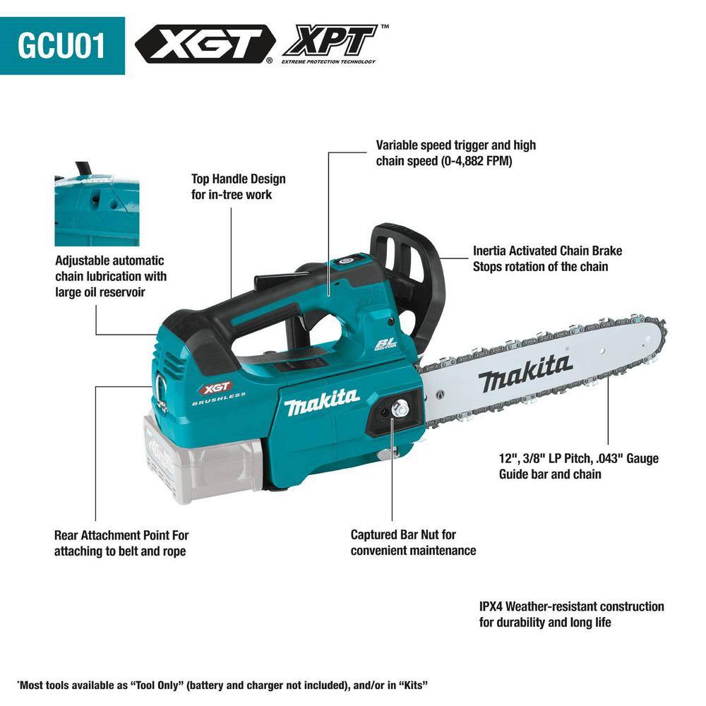 Makita XGT 12 in. 40V max Brushless Battery Top Handle Electric Chainsaw (Tool Only) GCU01Z