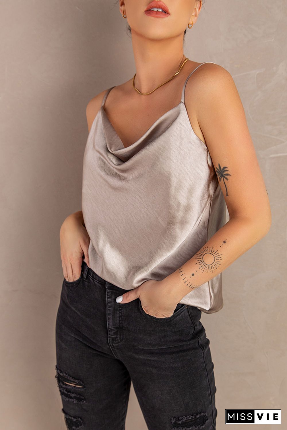 Apricot Cowl Neck Spaghetti Straps Tank Top