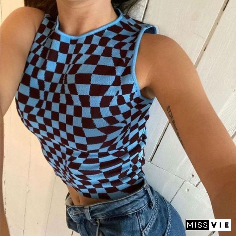 Summer Knit Crop Top Women Sleeveless Tank Top Basic T Shirts Casual Checker Plaid Vest Streetwear Tank Top Vintage