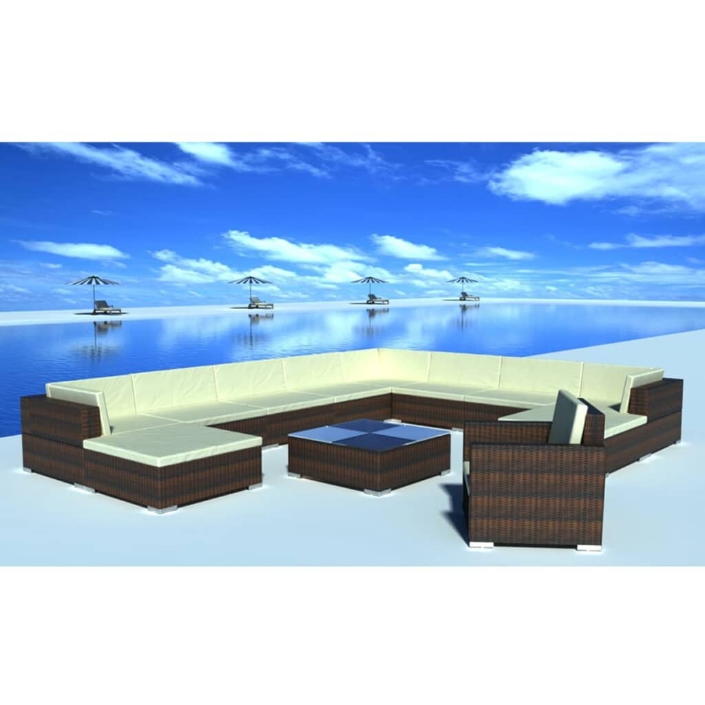 12 Piece Patio Lounge Set with Cushions Poly Rattan Brown