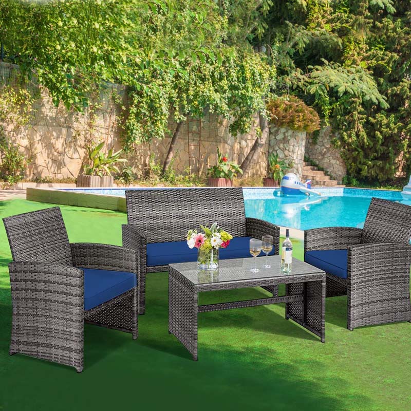 4 Pcs Rattan Wicker Patio Furniture Sets, Outdoor Conversation Sets with Loveseat, Table, Single Sofas