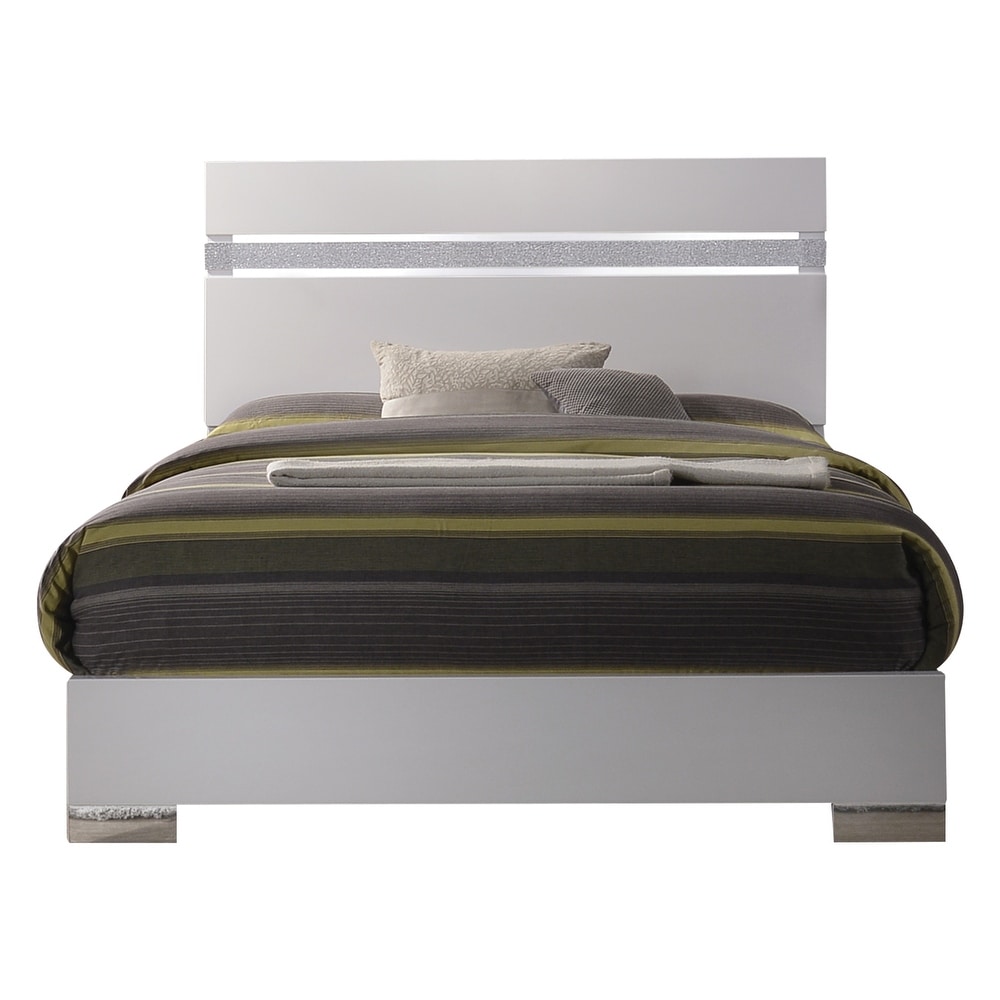 Naima II Queen Wood Panel Bed in White High Gloss Sparkling Acrylic Headboard