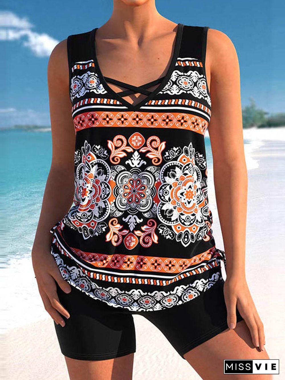 Tribal Printed Wide Straps Cross Strap Tankini Set