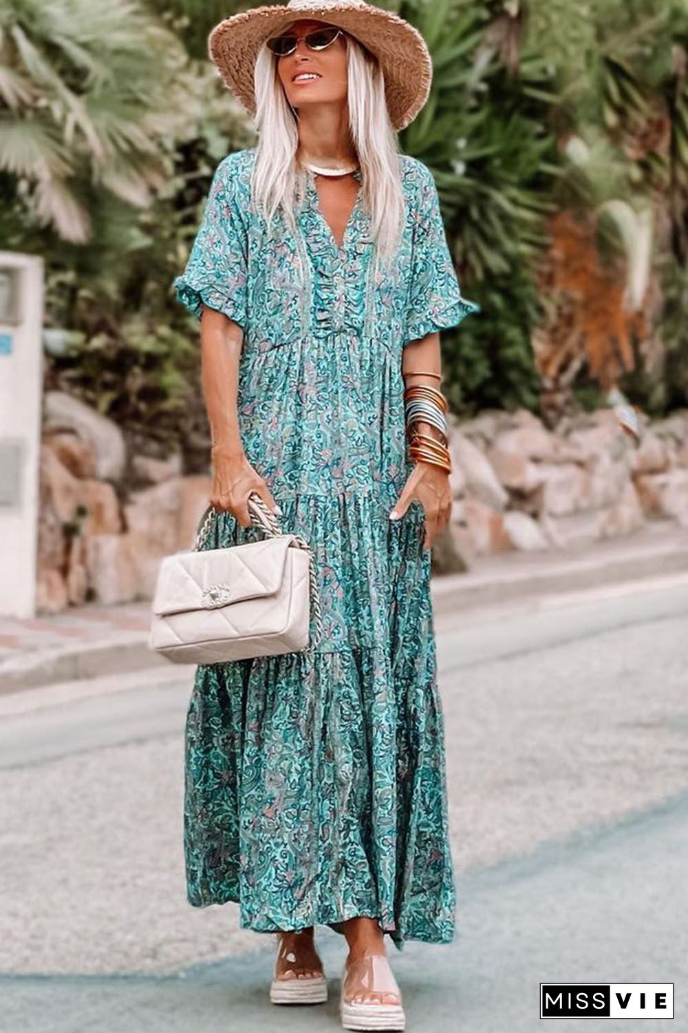 Sky Blue Paisley Print Boho Holiday Ruffle Tiered Maxi Dress