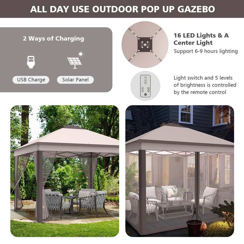 11 x 11 FT Pop-Up Gazebo Tent Portable Canopy Shelter with Carry Bag & Mesh Netting & LED Lights