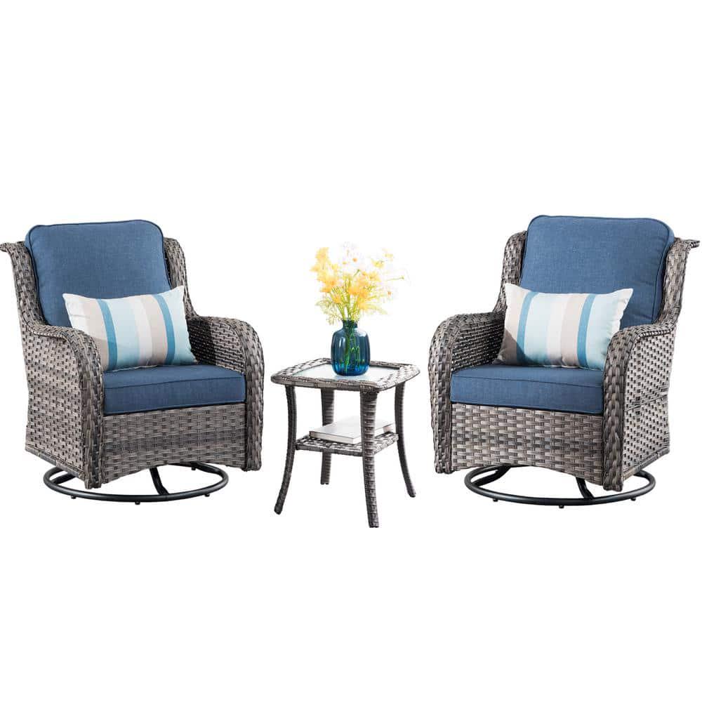 OVIOS Joyoung Gray 3Piece Wicker Outdoor Patio Conversation Seating Set with Denim Blue Cushions and Swivel Rocking Chairs