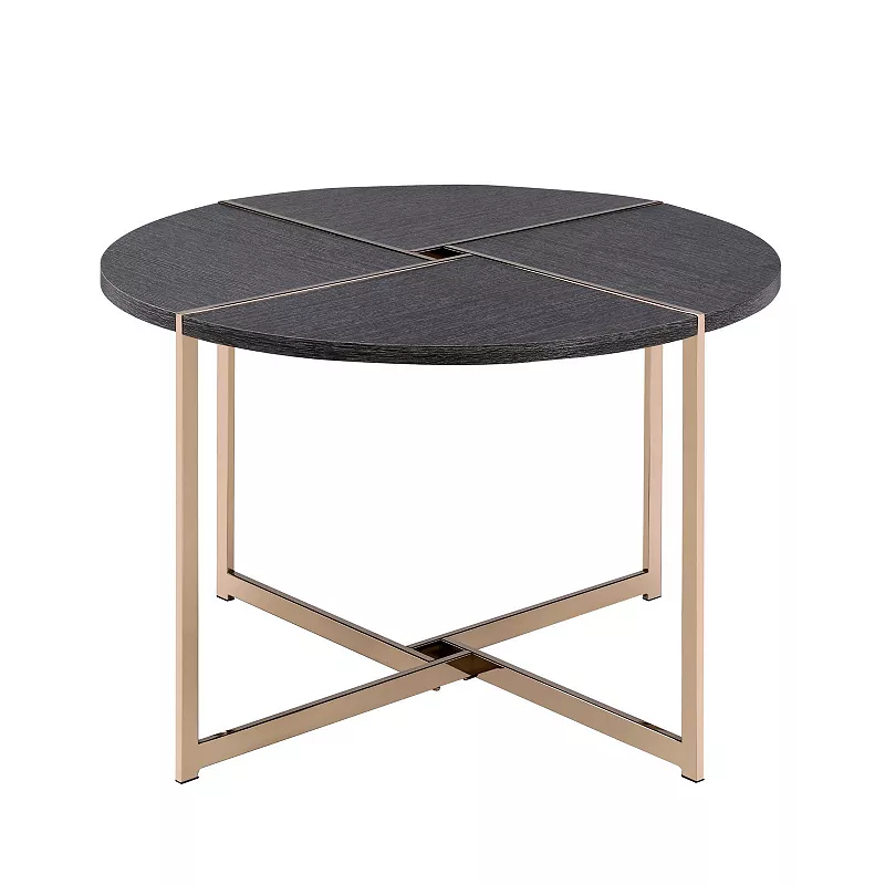 Coffee Table with X Shaped Metal Base and Round Wooden Top， Gold and Gray