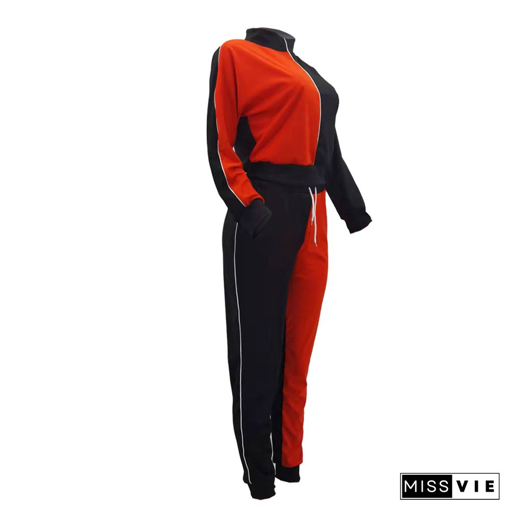 Color Contrast Zip Jacket Sporty Pants Two Piece Set