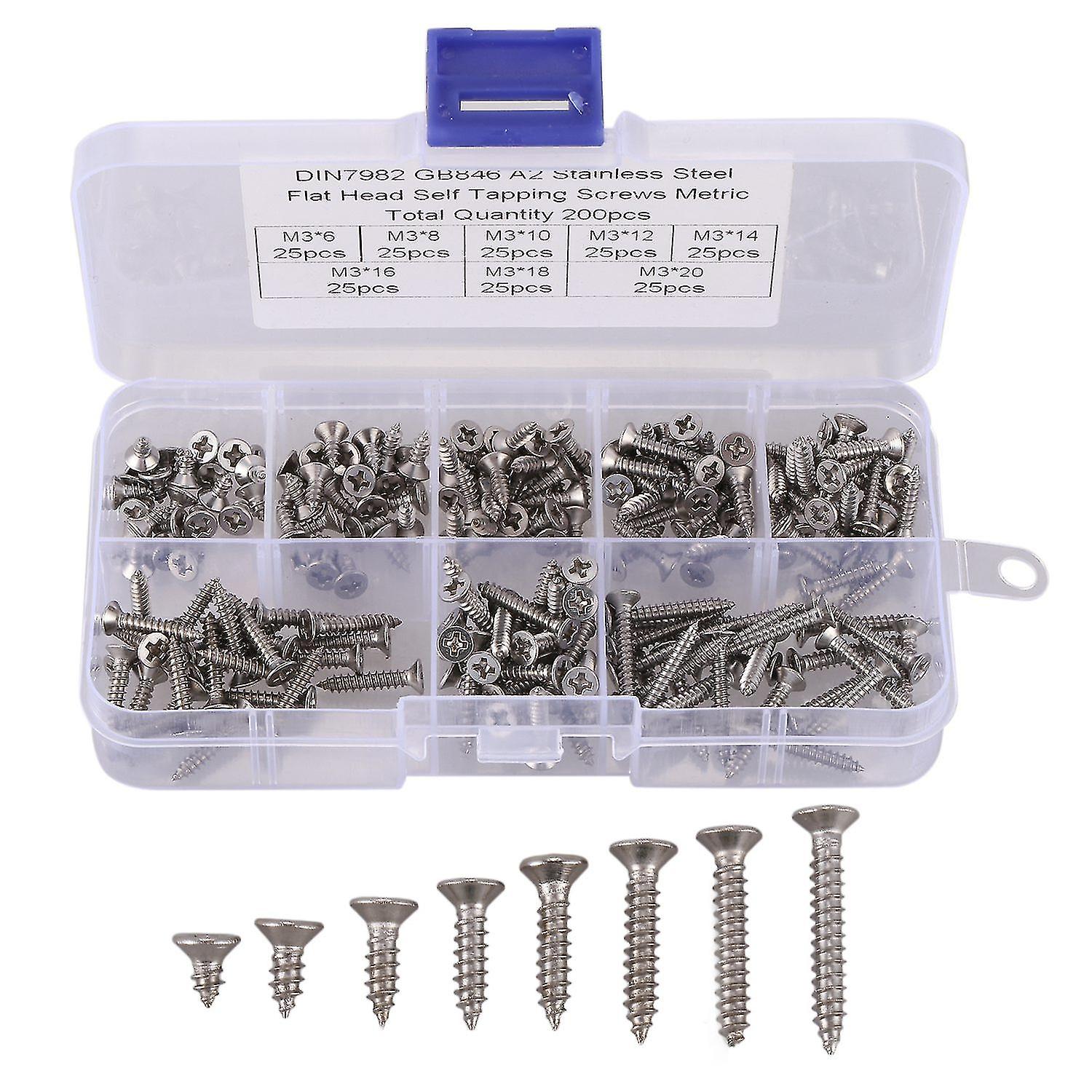 200pcs M3 Stainless Steel Flat Head Screws Kits High Strength Self-tapping Screws Assortment Set Fo